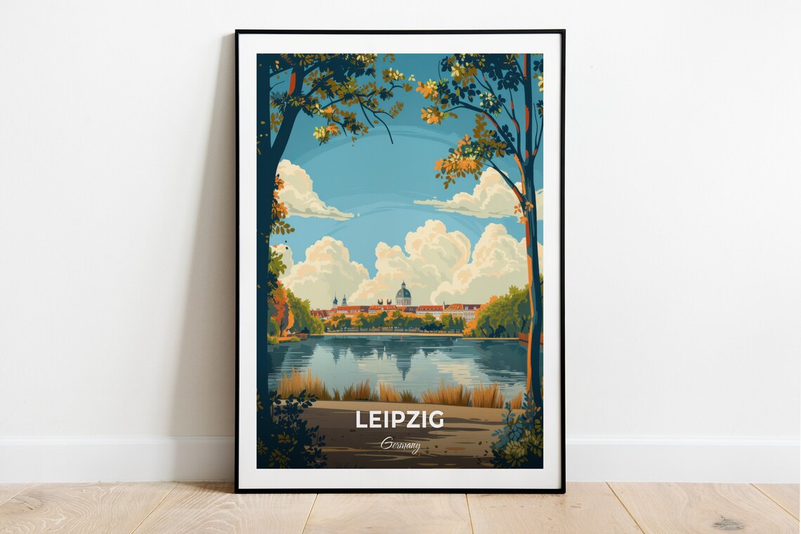 Leipzig Germany Serene Lakeside City Skyline Autumn View Poster