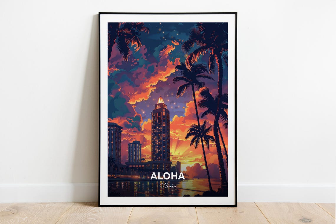 Aloha Hawaii Sunset Skyline Aloha Tower Modern Travel Poster