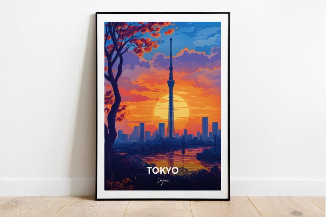 Tokyo Japan Skytree Tower Sunset Silhouette Riverside View Poster