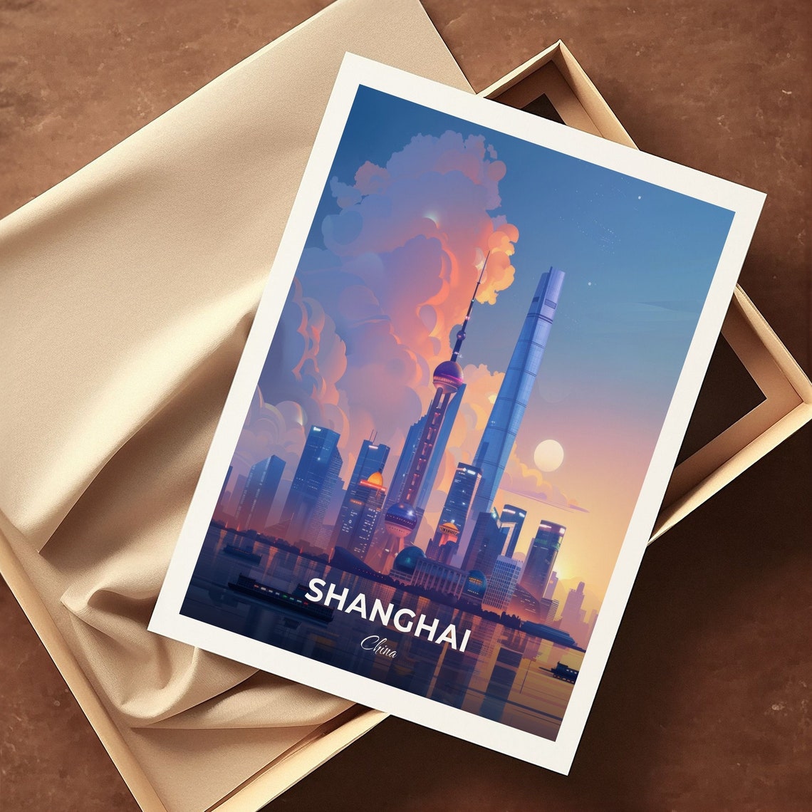 Shanghai China World Financial Center Skyline Sunset Travel Poster - Image 3