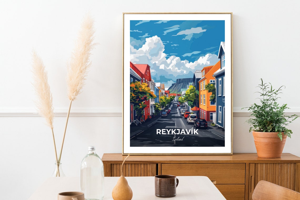 Reykjavik Laugavegur Colorful Street Shops Mountain Backdrop Poster - Image 2