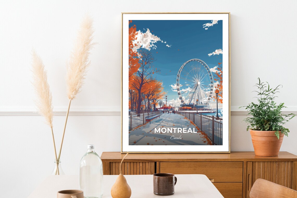 Montreal Canada Ferris Wheel Boardwalk Autumn Leaves Travel Poster - Image 2