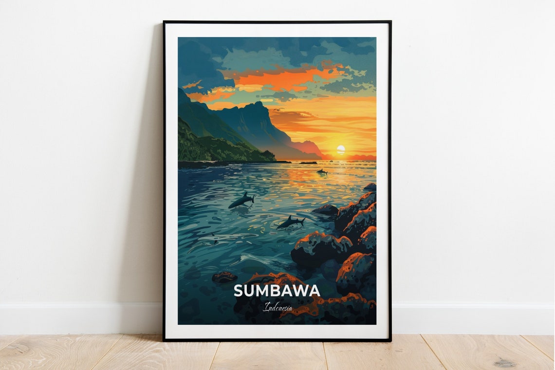 Sumbawa Indonesia Sunset Dolphins Rocky Shore Mountain View Poster