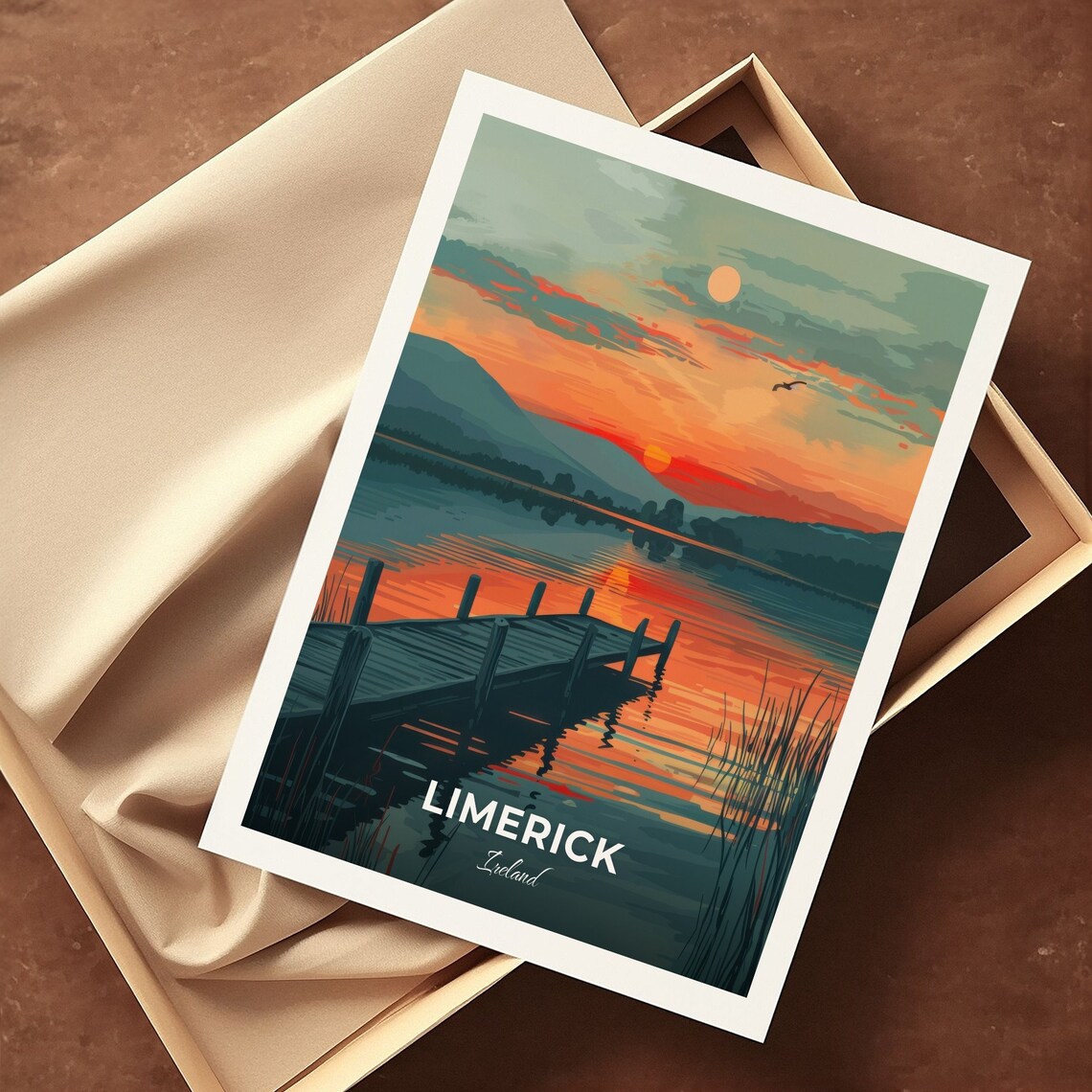 Limerick Ireland Quiet Lake Pier Sunset Glow Travel Art Poster - Image 3