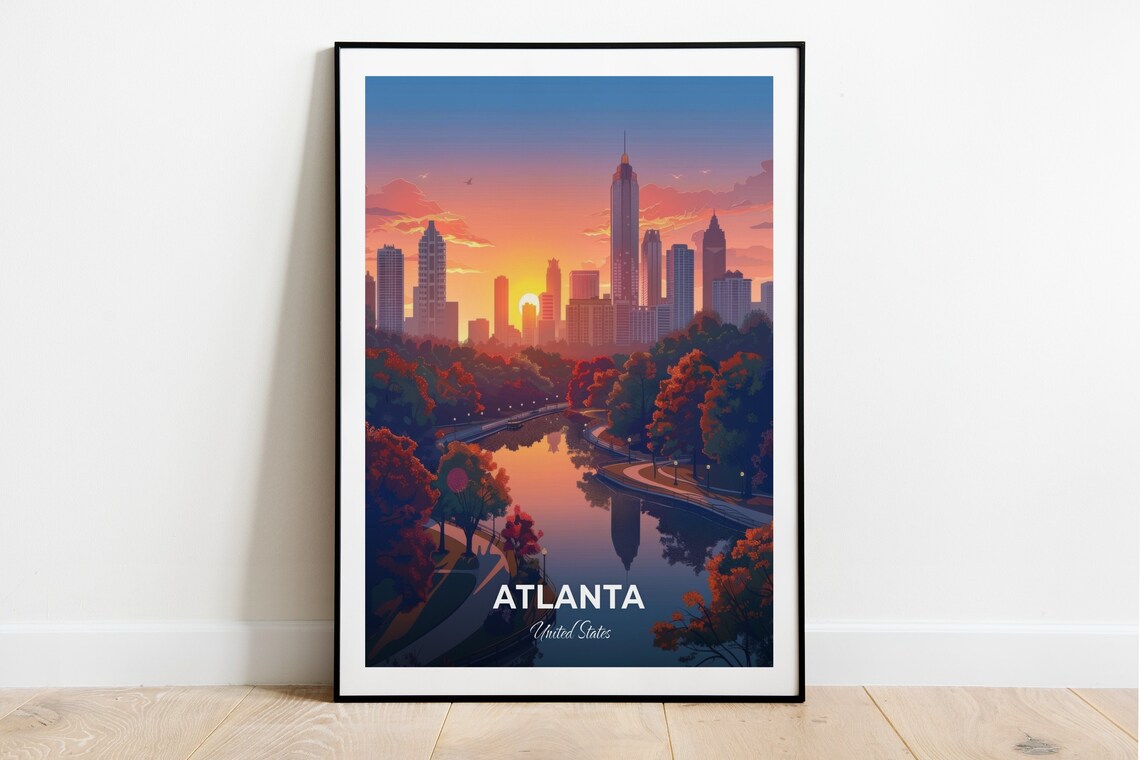 Atlanta United States Sunset Skyline Park Lake Reflections Art Poster