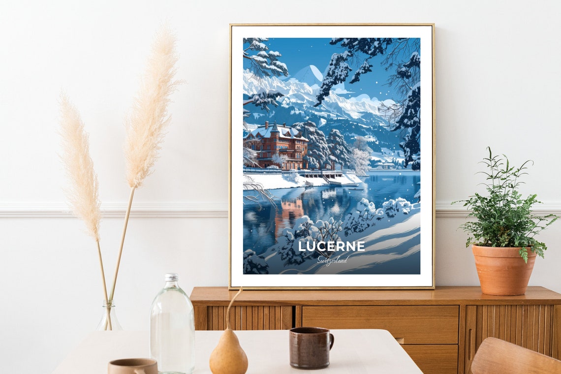 Lucerne Switzerland Winter Lakeside Villa Snowy Alps Travel Poster - Image 2