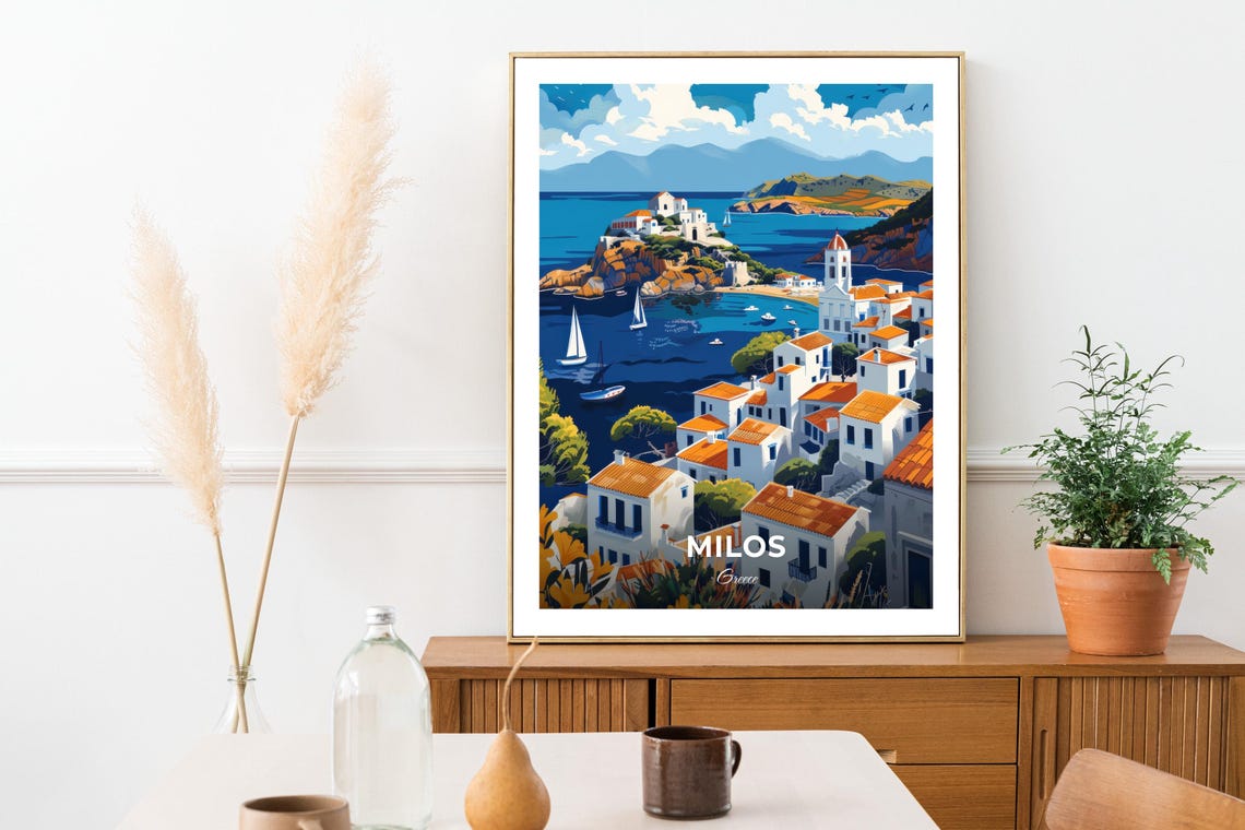 Milos Greece White Village Harbor Sailboats Blue Bay Sun Poster - Image 3