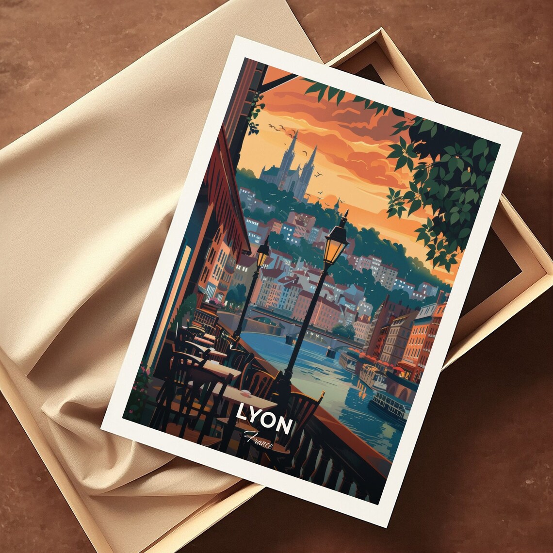 Lyon France Riverside Cafe Terrace Sunset Vintage Travel Poster - Image 3