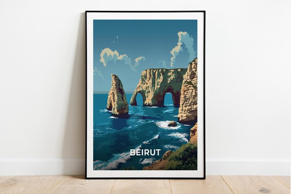 Beirut Lebanon Pigeon Rocks Sea Arches Coastal Cliffs Travel Poster