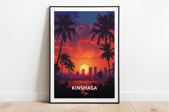 Kinshasa Congo Sunset City Skyline Palm Trees Vintage Travel Poster