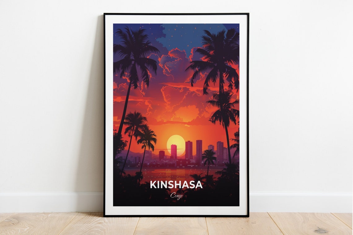 Kinshasa Congo Sunset City Skyline Palm Trees Vintage Travel Poster