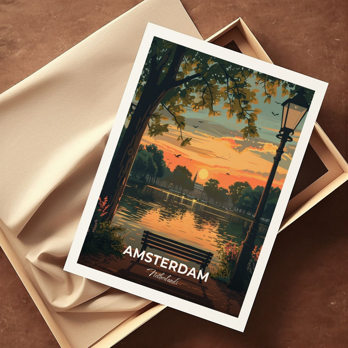 Amsterdam Vondelpark Pond Sunset Bench Lamppost Travel Scene Poster - Image 3