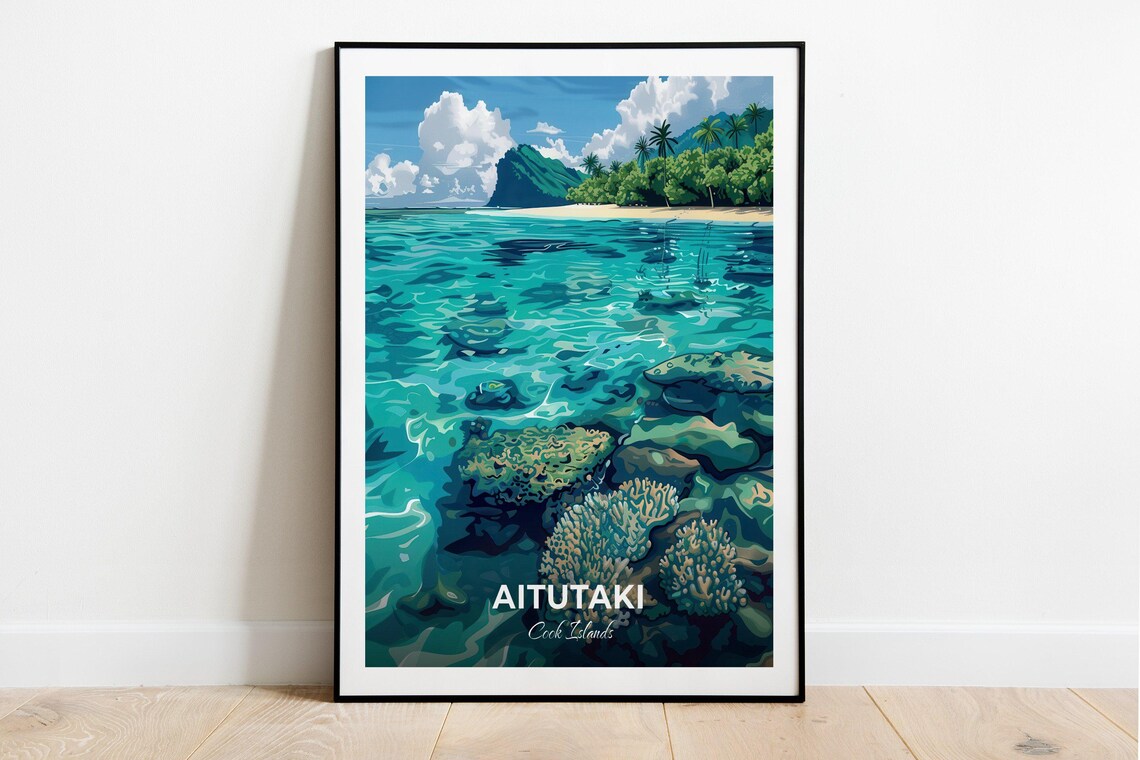 Aitutaki Cook Islands Coral Reef Lagoon Island View Travel Poster