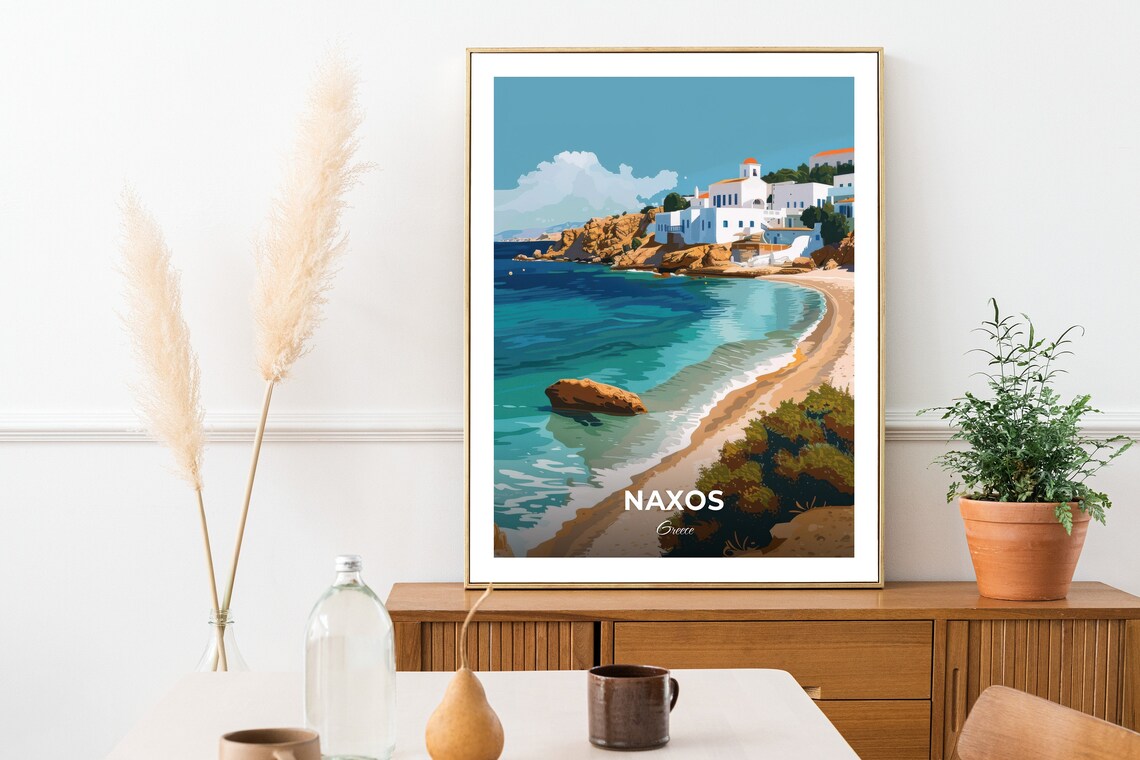 Naxos Turquoise Bay Whitewashed Village Beach Greece Seaside Travel Poster - Image 2