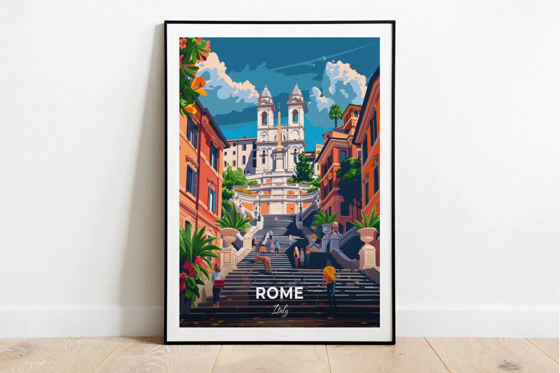 Rome Grand Spanish Steps Trinita dei Monti Church Travel Poster