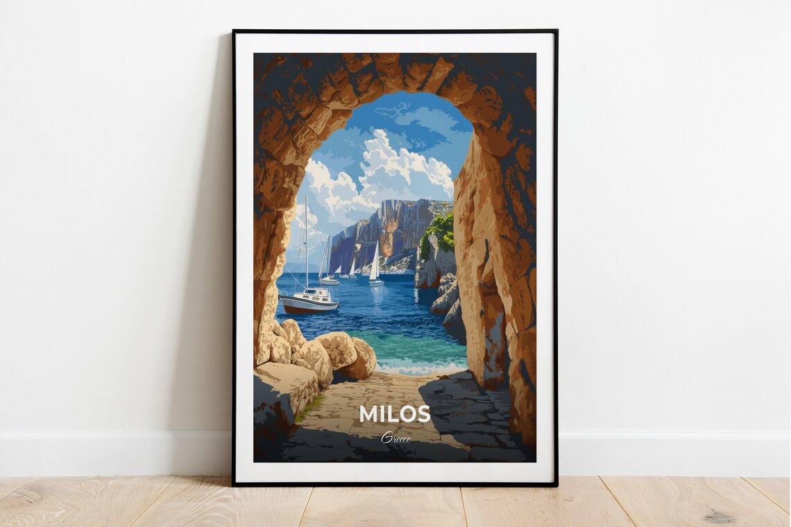 Milos Greece Sea Cave Arch Sailboats Hidden Cove View Poster
