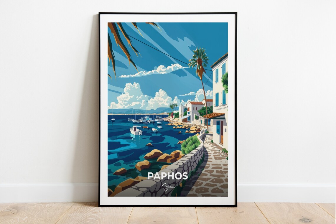 Paphos Cyprus Bright Sunny Harbor Boats Charming Seaside Town Poster