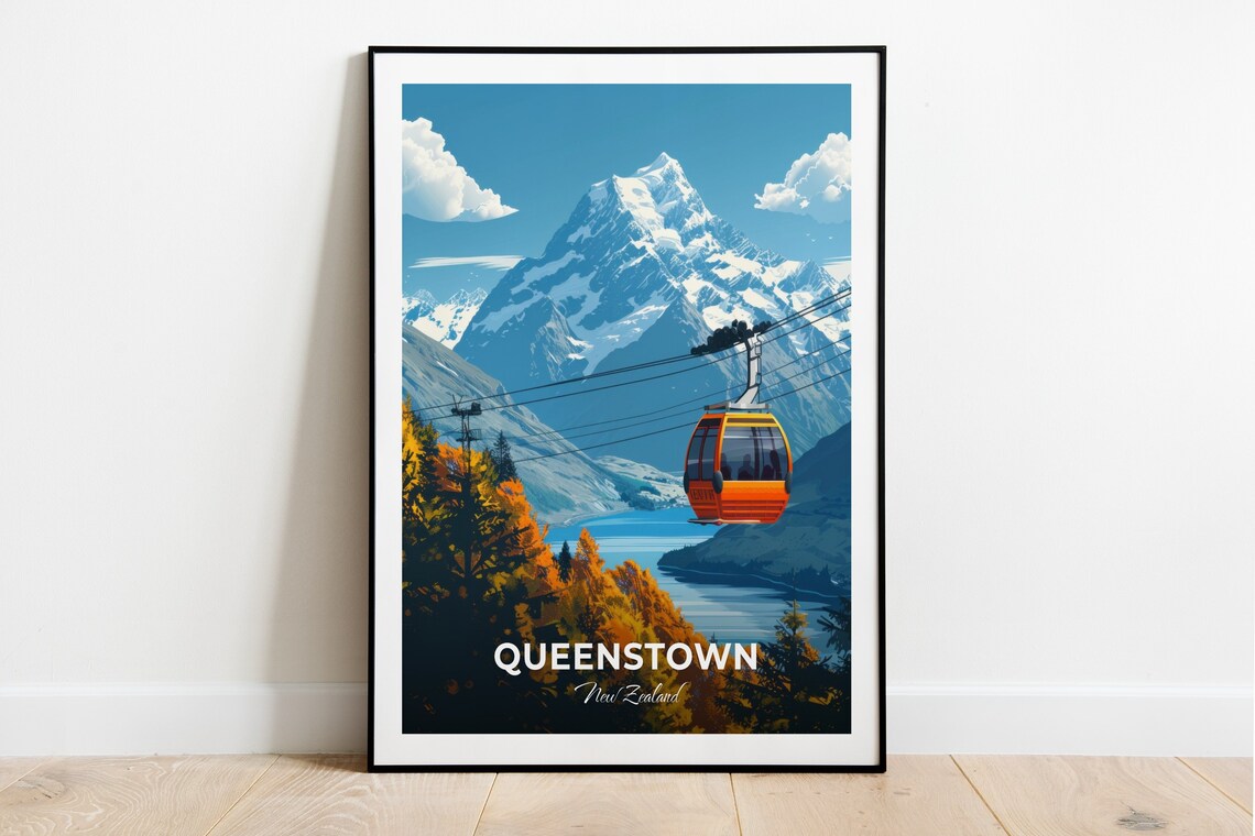 Queenstown Skyline Gondola Orange Cabin Lake View Travel Poster