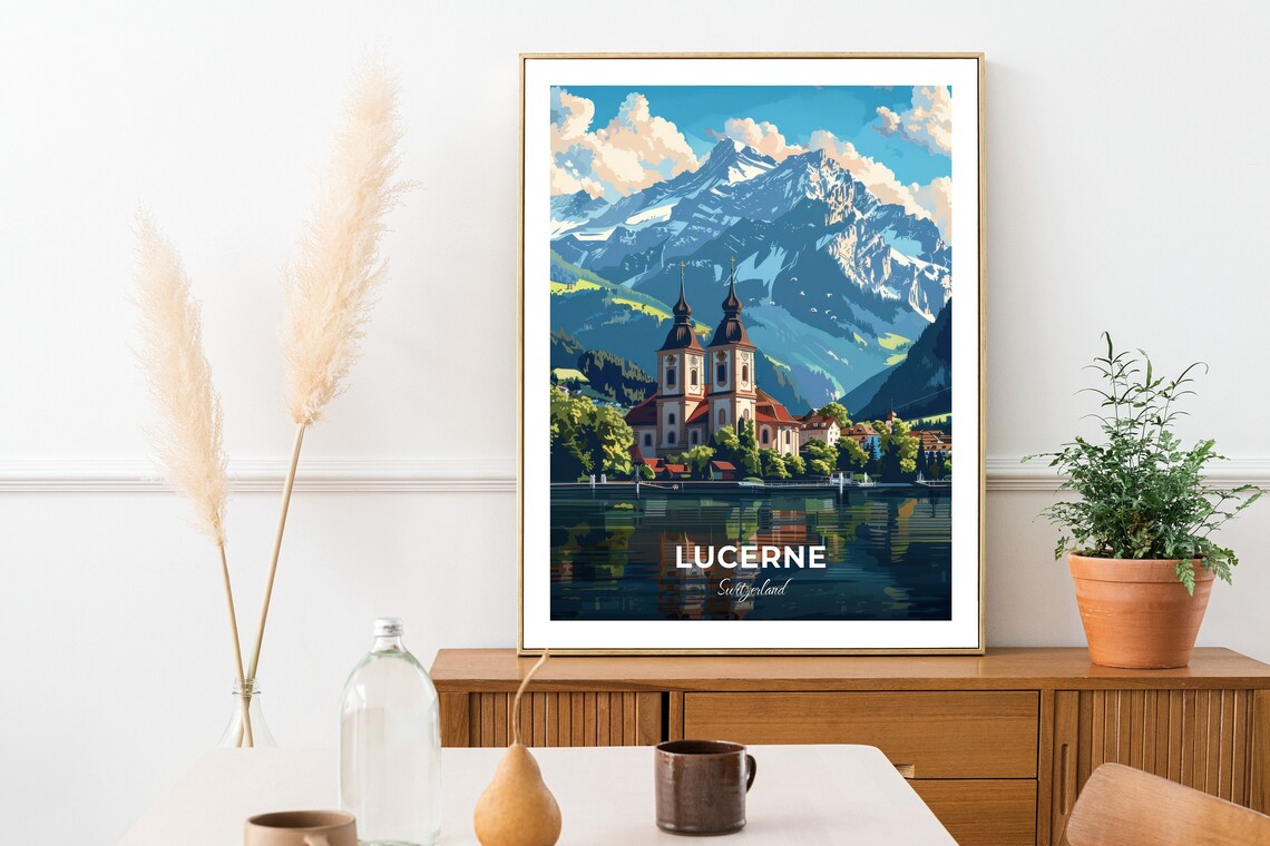 Lucerne Switzerland Hof Church Twin Spires Alpine Lake View Poster - Image 2