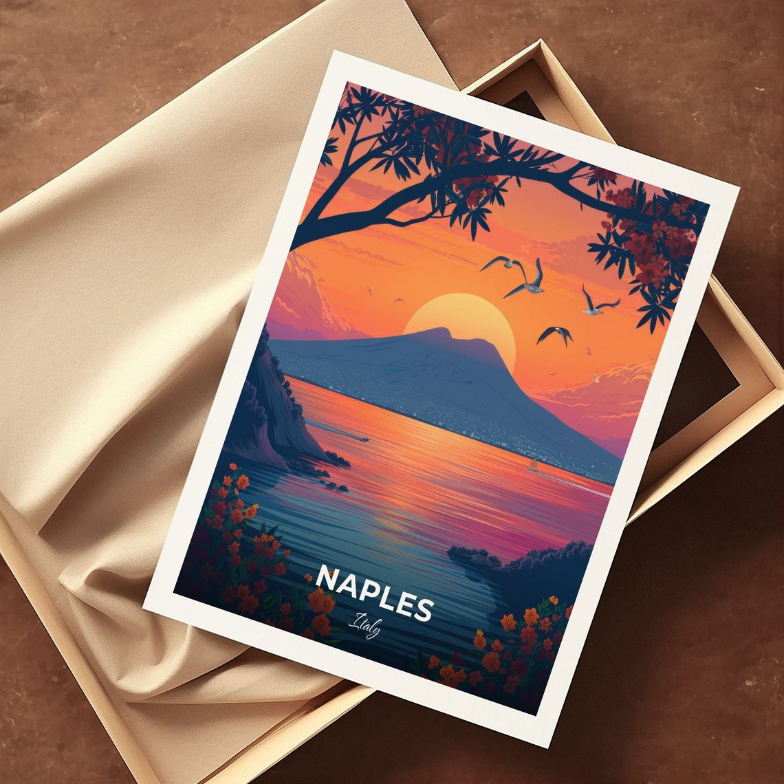 Naples Mount Vesuvius Bay Sunset Seagulls Coast Travel Poster - Image 3