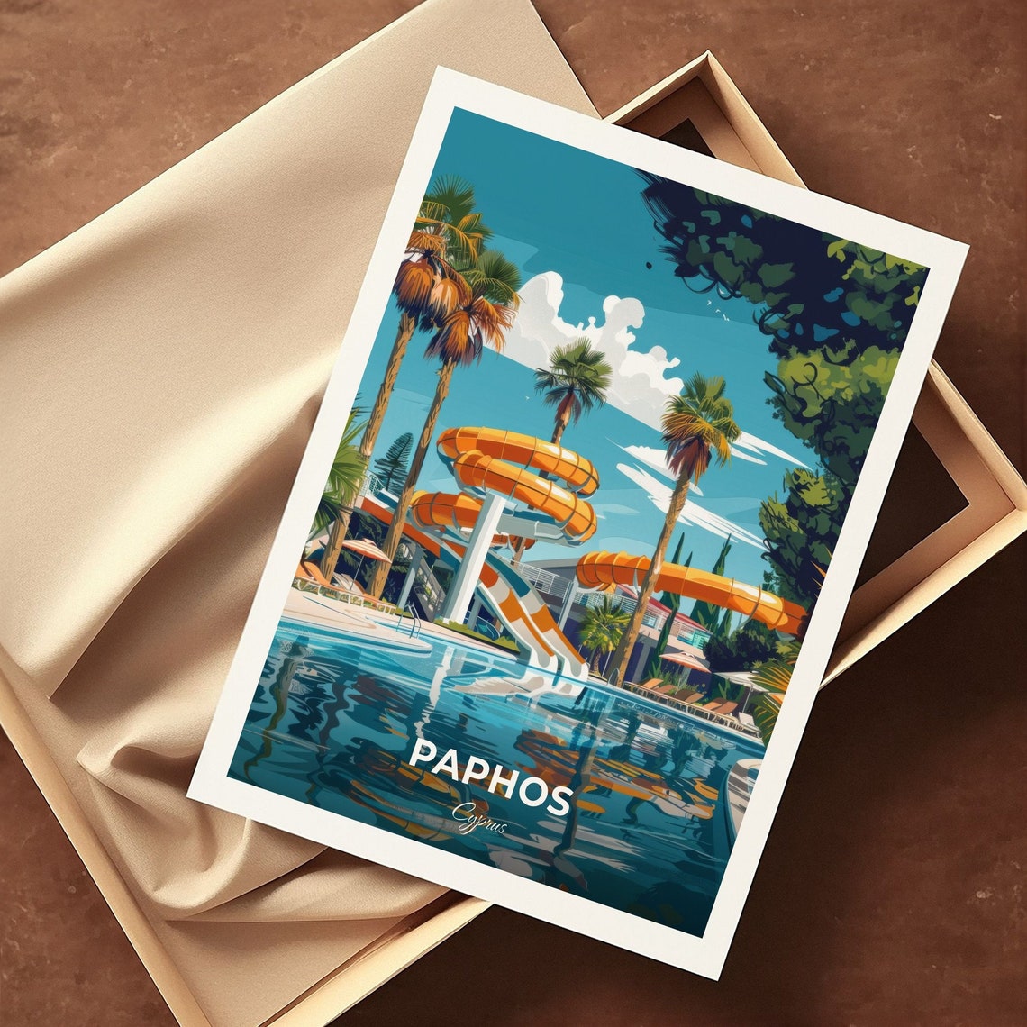 Paphos Cyprus Water Park Slides Palm Trees Travel Art Poster - Image 3