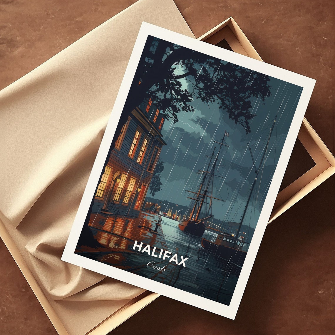 Halifax Canada Historic Tall Ship Night Harbor Rain Glow Art Poster - Image 3
