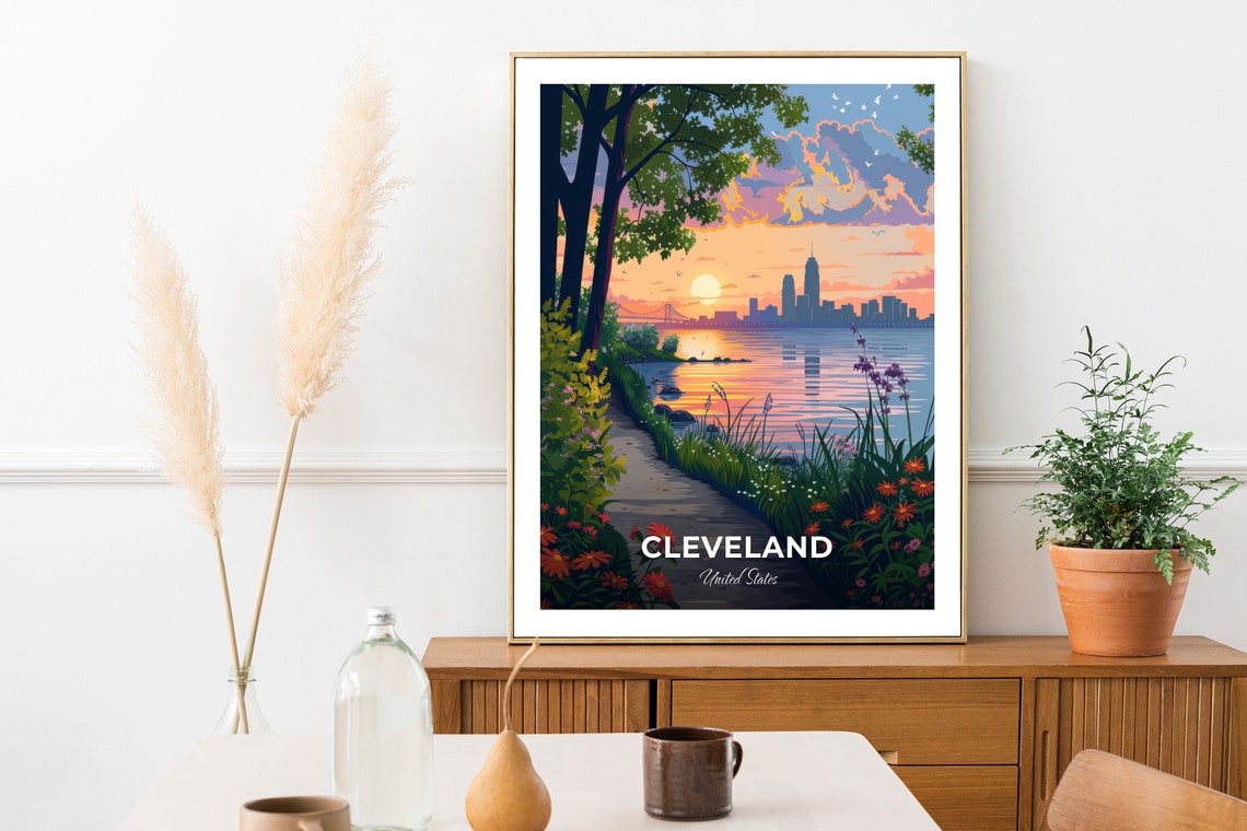 Cleveland Lake Erie Sunset Shore Path Wildflowers United States Poster - Image 2