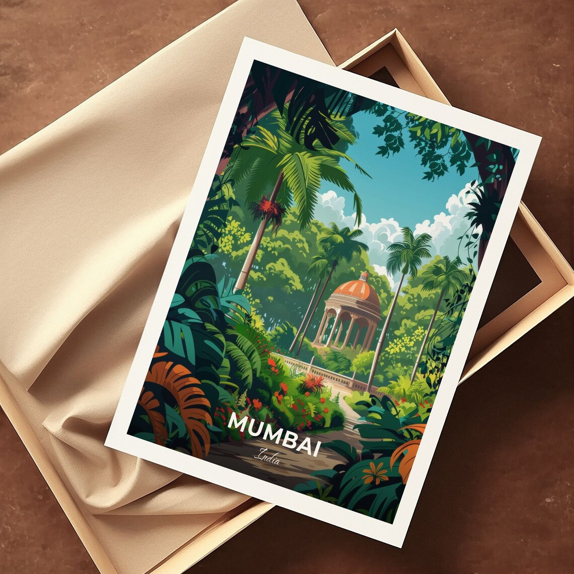 Mumbai India Travel Poster Lush Tropical Garden Gazebo Artwork - Image 3