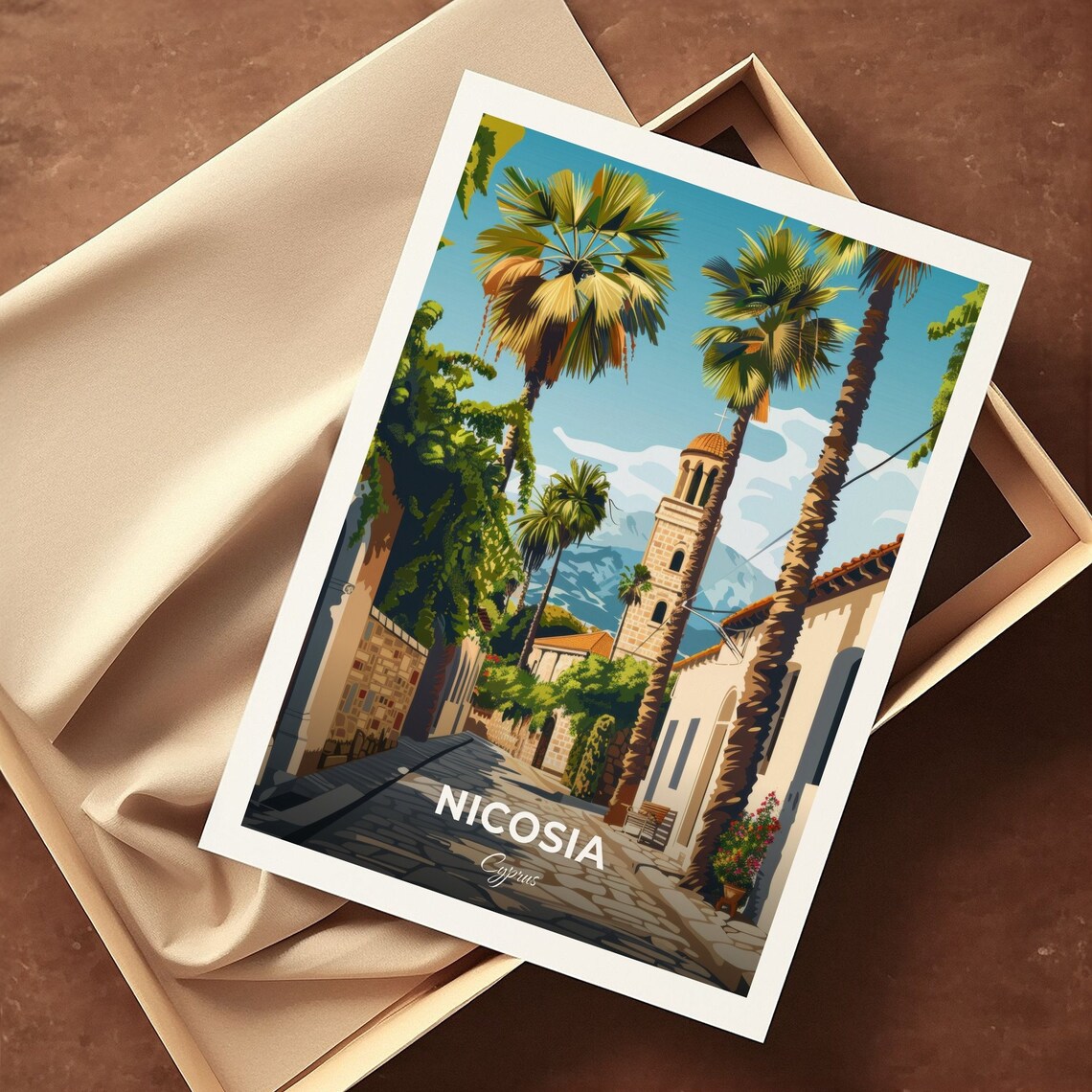 Nicosia Cyprus Old Town Palm Street Church Tower Sunny Travel Poster - Image 3