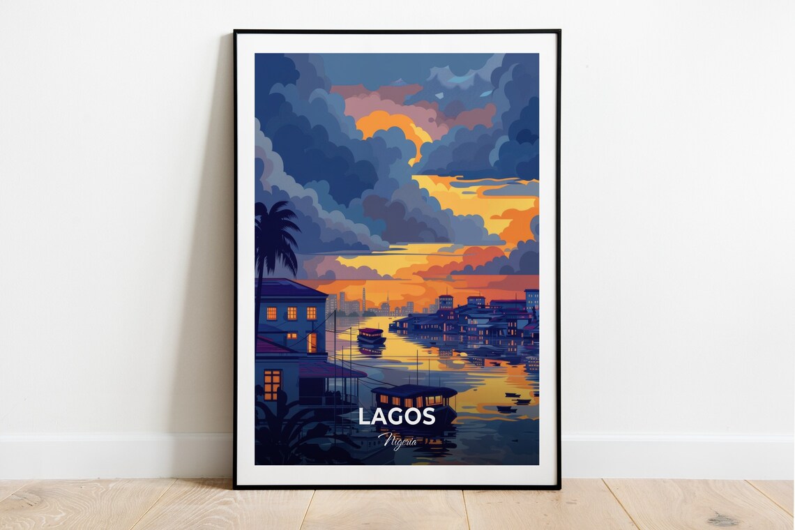 Lagos Nigeria Harbour Sunset Waterfront Boats Cityscape Travel Poster