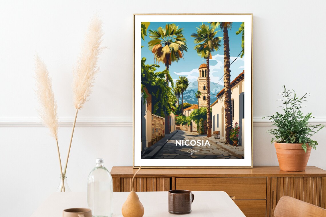 Nicosia Cyprus Old Town Palm Street Church Tower Sunny Travel Poster - Image 2