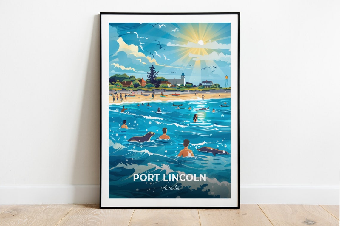 Port Lincoln Australia Beach Swimmers Surfers Sea Lions Sunny Poster