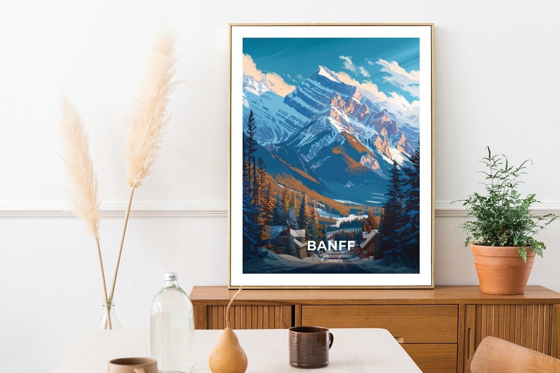 Banff Canada Snowy Rocky Mountain Peak Winter Cabin Village Poster - Image 2