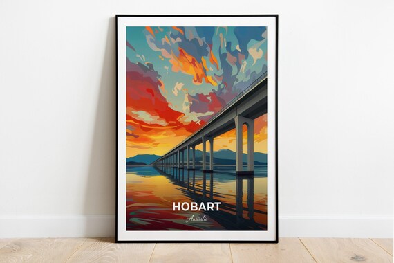 Hobart Australia Long Bridge Sunset Reflection Fiery Sky Poster