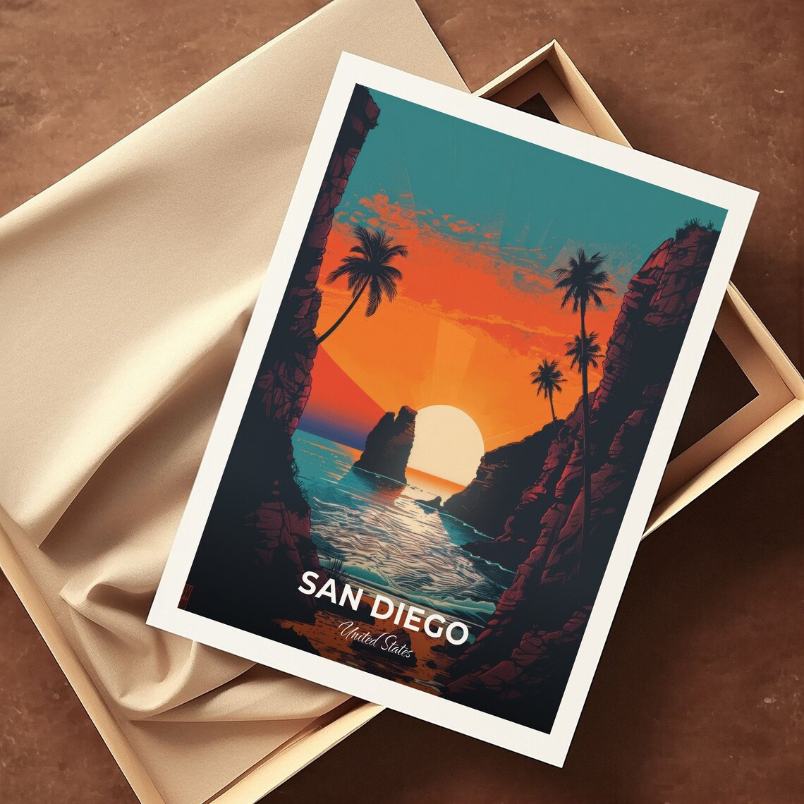 San Diego Ocean Cliffs Sea Arch Sunset Palms Travel Art Poster - Image 3