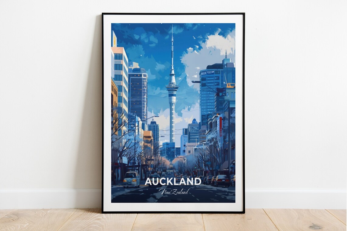 Auckland Sky Tower City Street Blue Sky New Zealand Vintage Travel Poster
