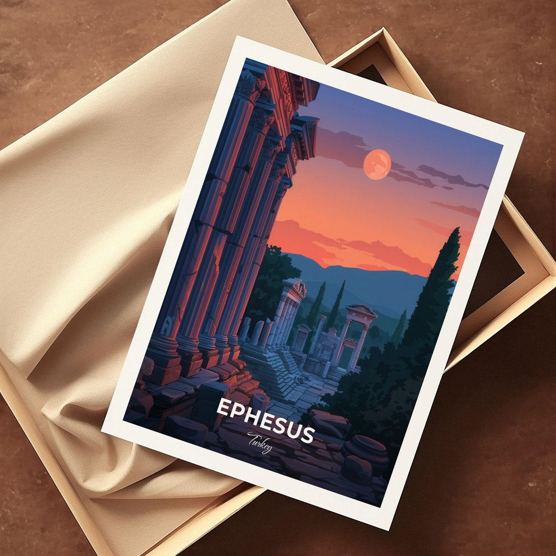 Ephesus Ancient Ruins Columns Full Moon Dusk Turkey Travel Poster - Image 3