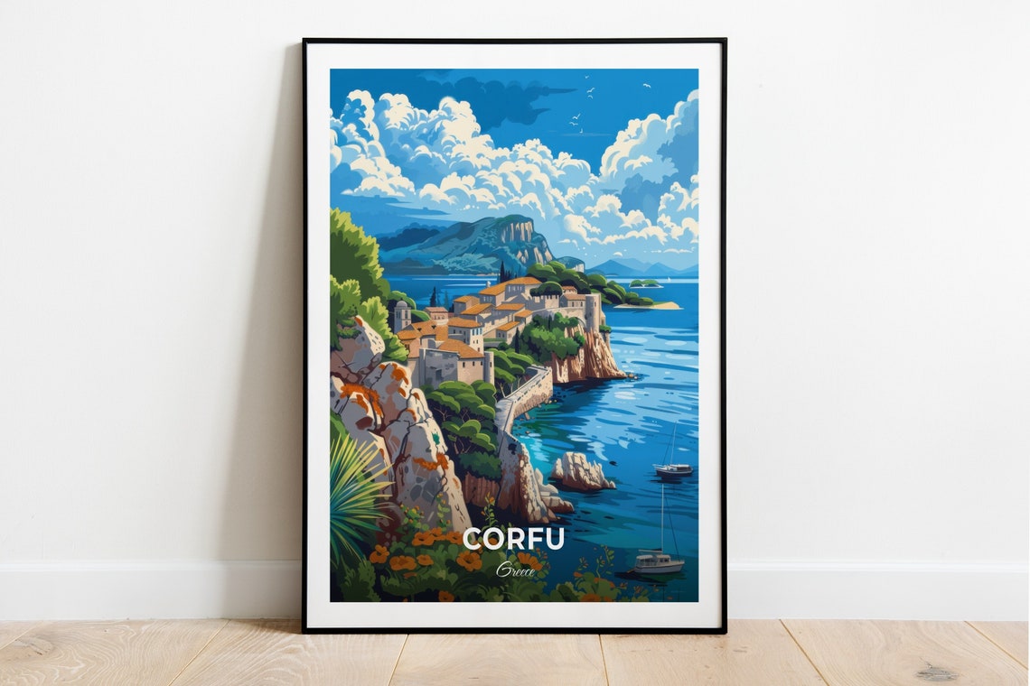 Corfu Greece Old Fortress Coastal Town Cliffs Harbour Travel Poster
