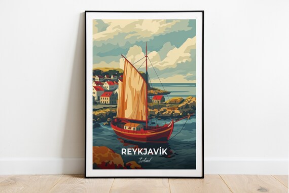 Reykjavik Fishing Sailboat Rocky Harbor Village Coast Travel Poster