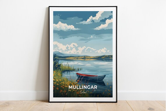 Mullingar Lough Ennell Rowboat Wildflowers Ireland Vintage Travel Poster