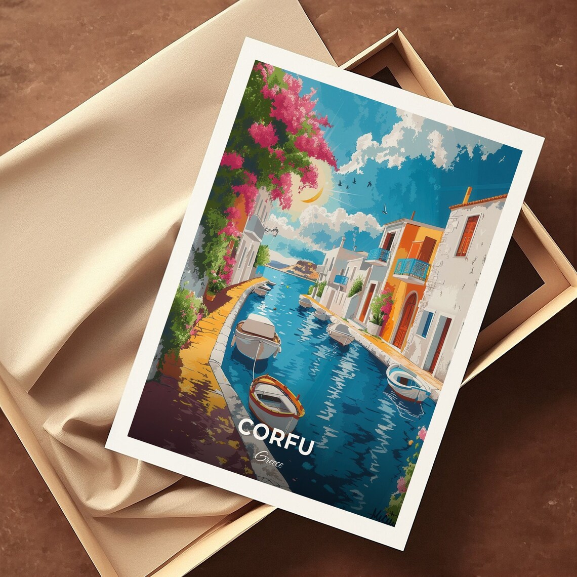 Corfu Greece Canal d'Amour Colourful Canal Boats Scene Travel Poster - Image 3