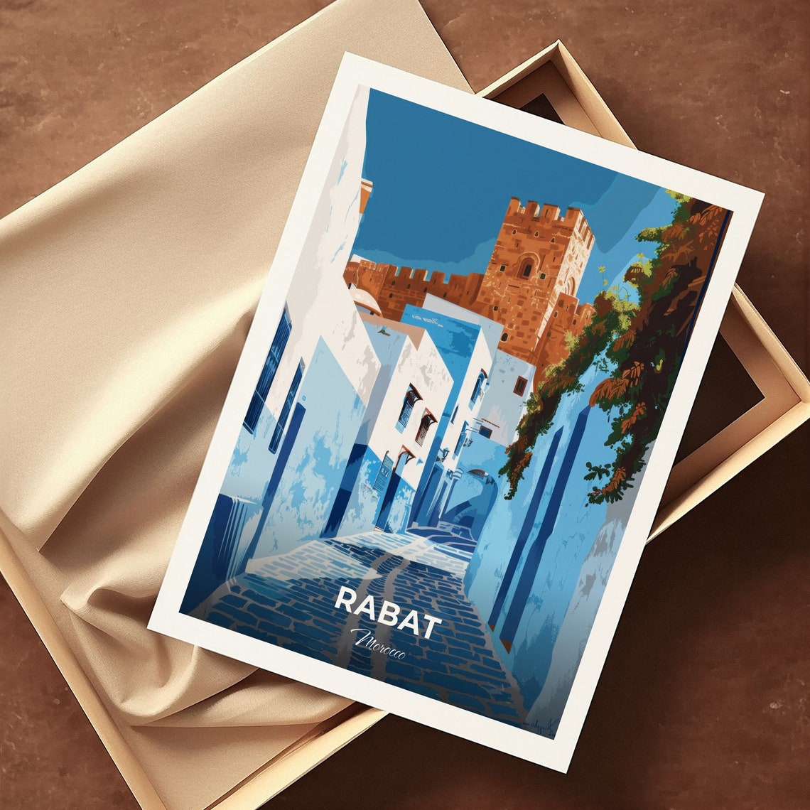 Rabat Morocco Ancient Blue Cobblestone Alley Kasbah Walls Poster - Image 3