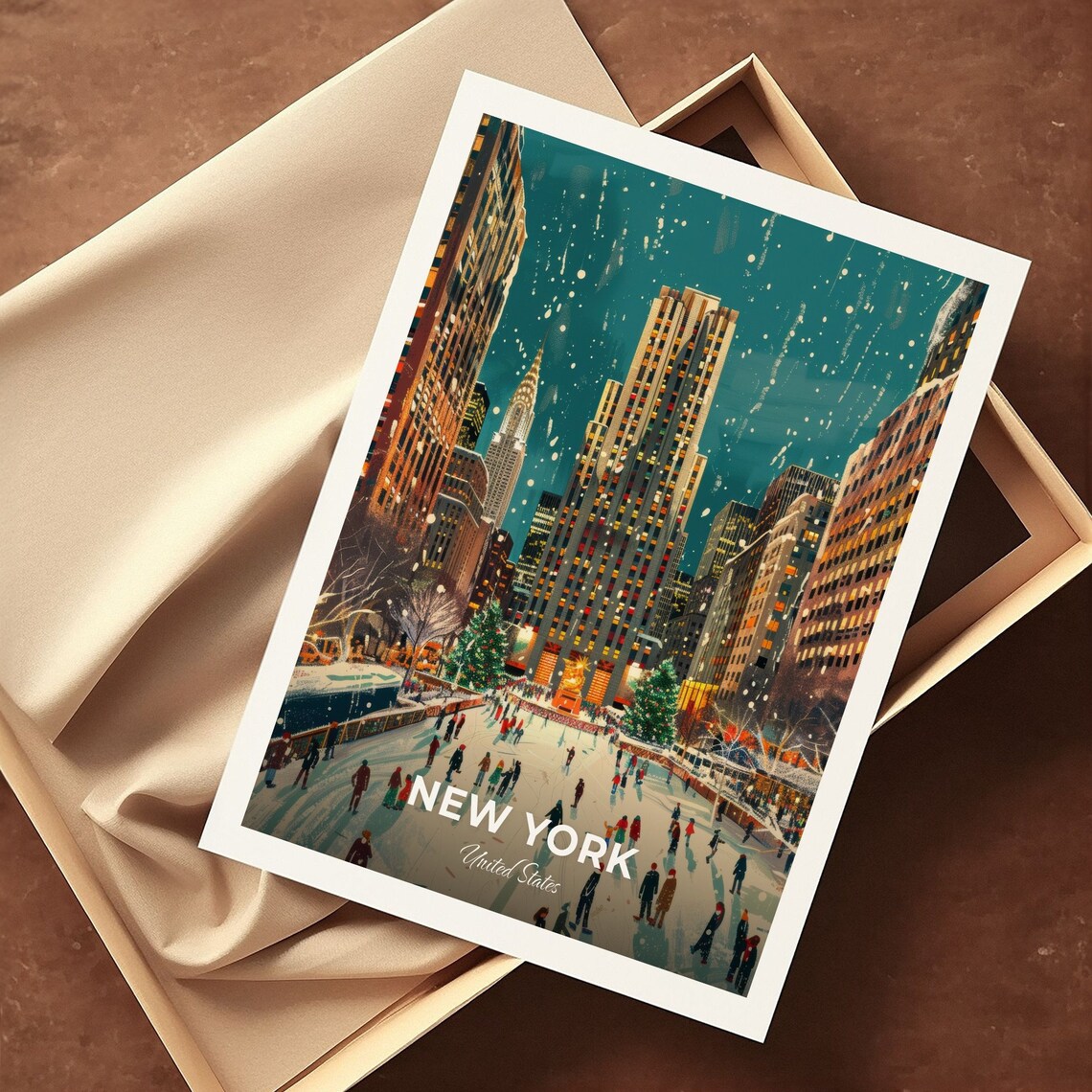 New York United States Manhattan Night Ice Rink Travel Poster - Image 3