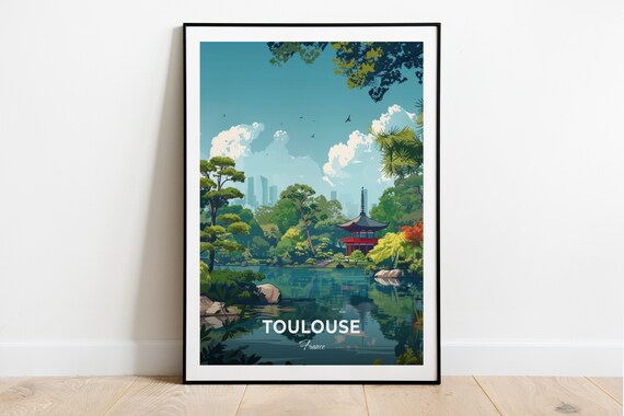 Toulouse Travel Poster Japanese Garden Pierre Goudouli City Print Cityscape Artwork Birthday Wedding Gift Wall Art Location Print