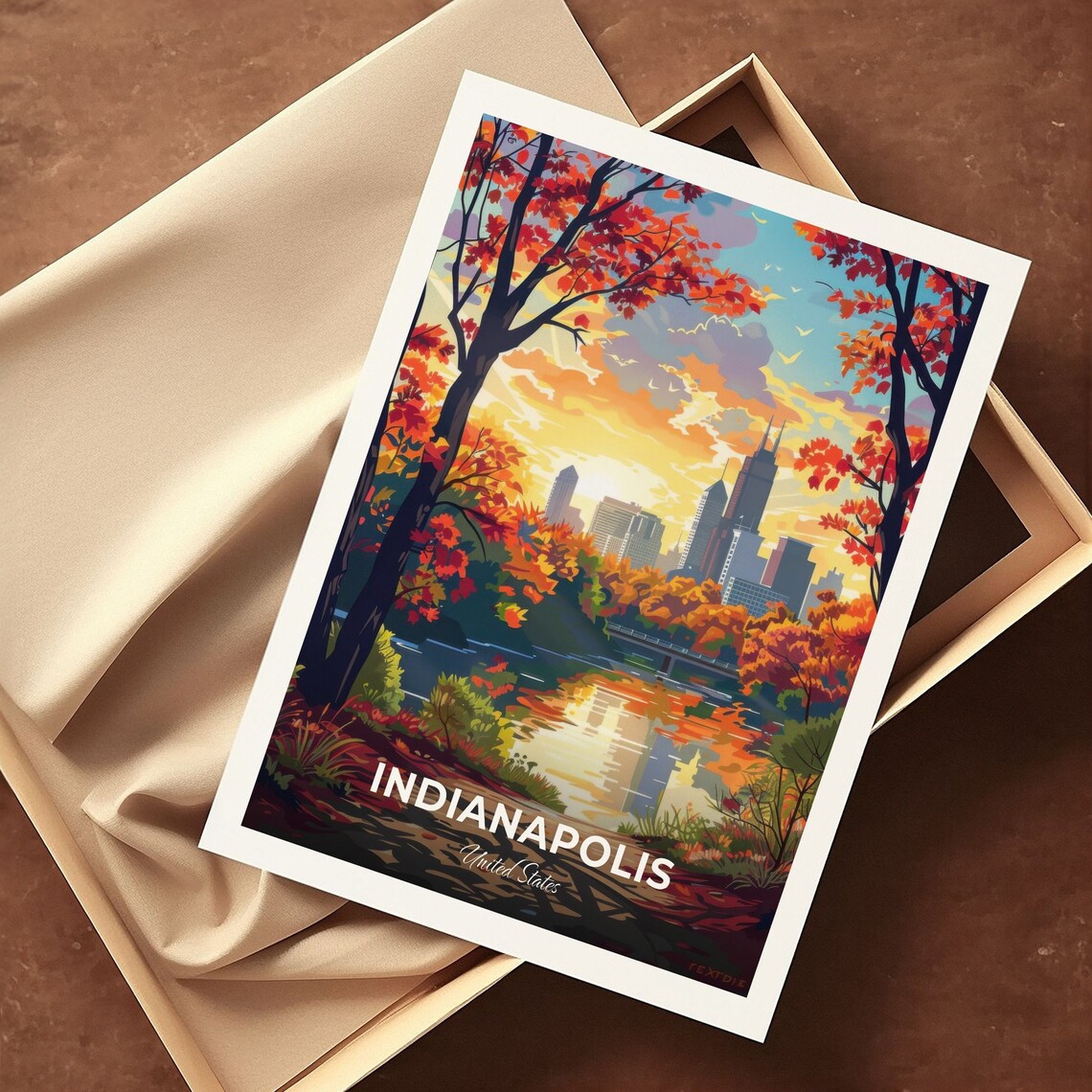 Indianapolis United States Autumn Park Lake Skyline Travel Poster - Image 3