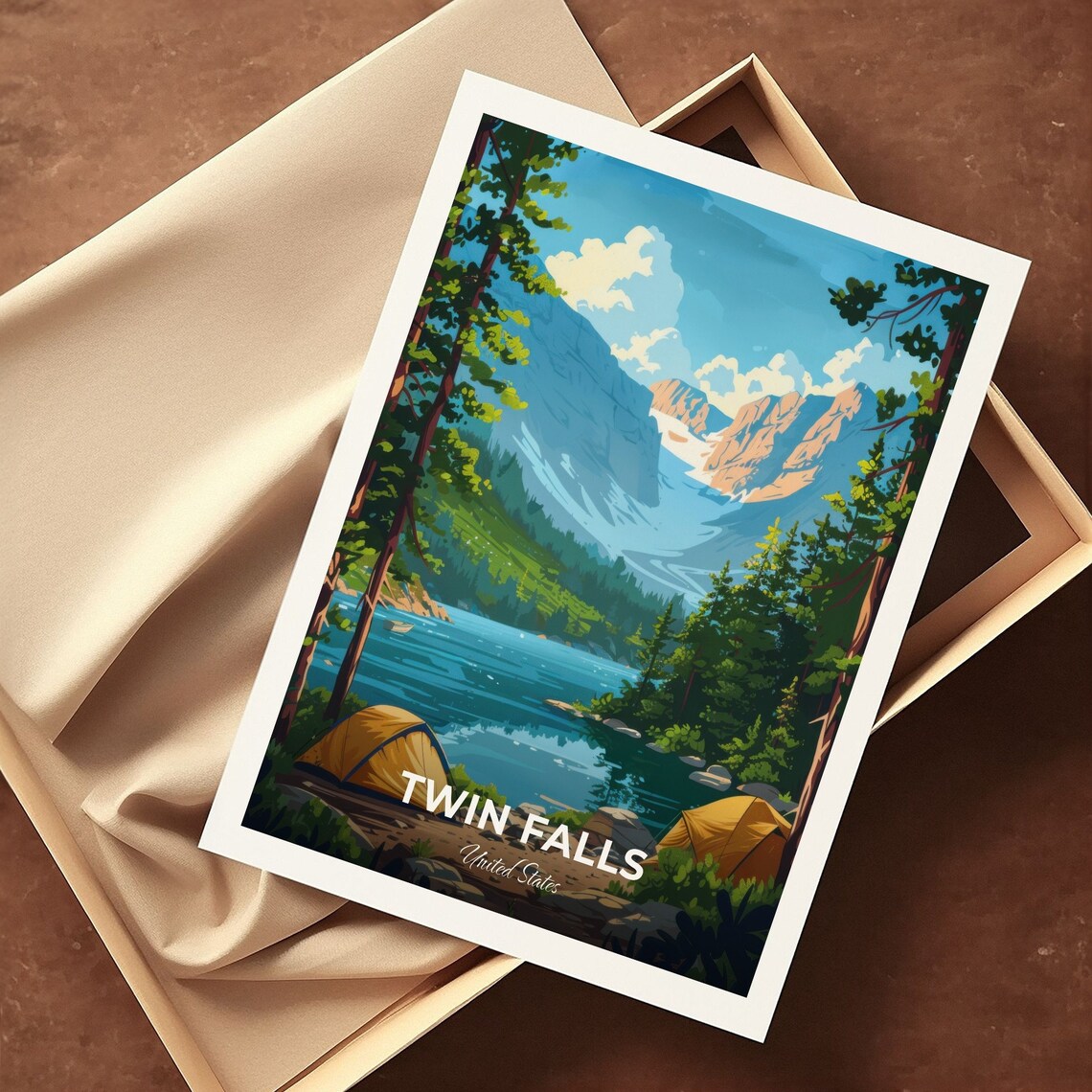 Twin Falls Mountain Lake Campsite With Tents United States Travel Poster - Image 3