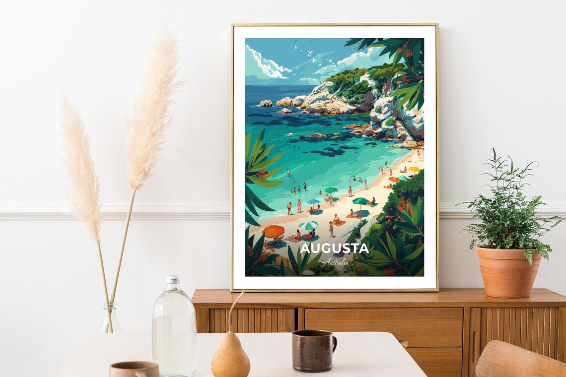 Augusta Rocky Cove Beach Umbrellas Turquoise Australia Vintage Travel Poster - Image 3