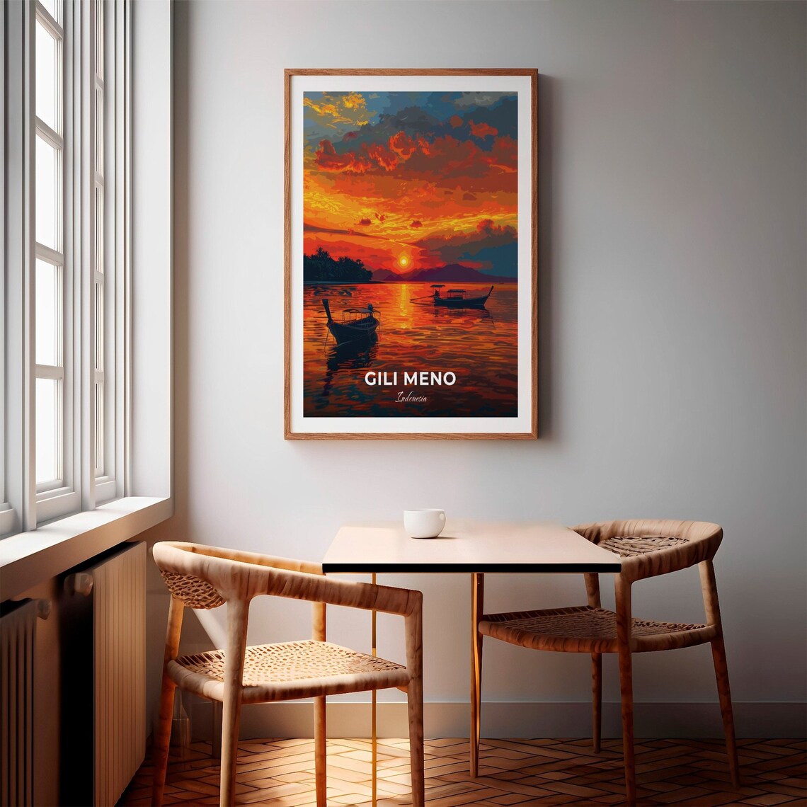 Gili Meno Sunset Boats Fiery Sky Calm Sea Indonesia Vintage Travel Poster - Image 2