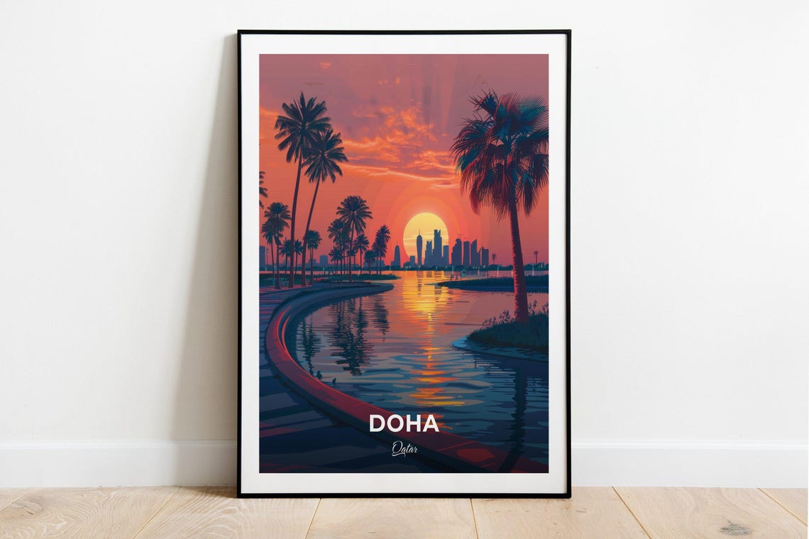 Doha Qatar Sunset Park Palm Trees Lake Skyline Art View Poster