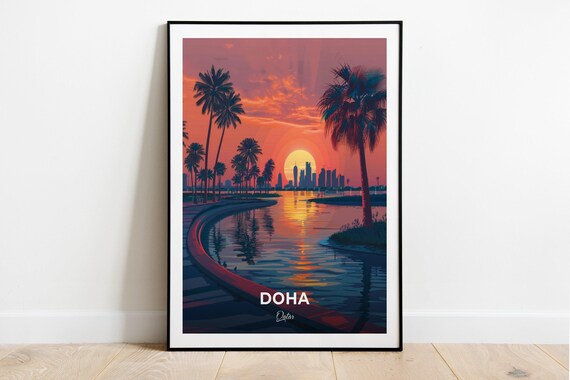 Doha Qatar Sunset Park Palm Trees Lake Skyline Art View Poster